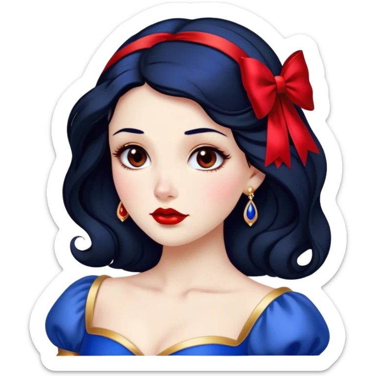 Cinematic Stunning Snow White Portrait Emoji, Fair skin glowing like porcelain, ruby-red lips, deep brown eyes full of kindness, raven hair framed by her iconic red bow, wearing her royal blue and gold gown, exuding timeless beauty and grace! sticker
