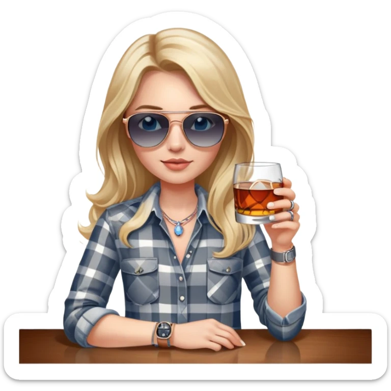 girl with long blond hair, wearing grey/white plaid shirt, with blue eyes and aviator sunglasses, wearing a ring on her silver necklace around her neck, holding a glass of whiskey, wearing rose gold apple watch sticker