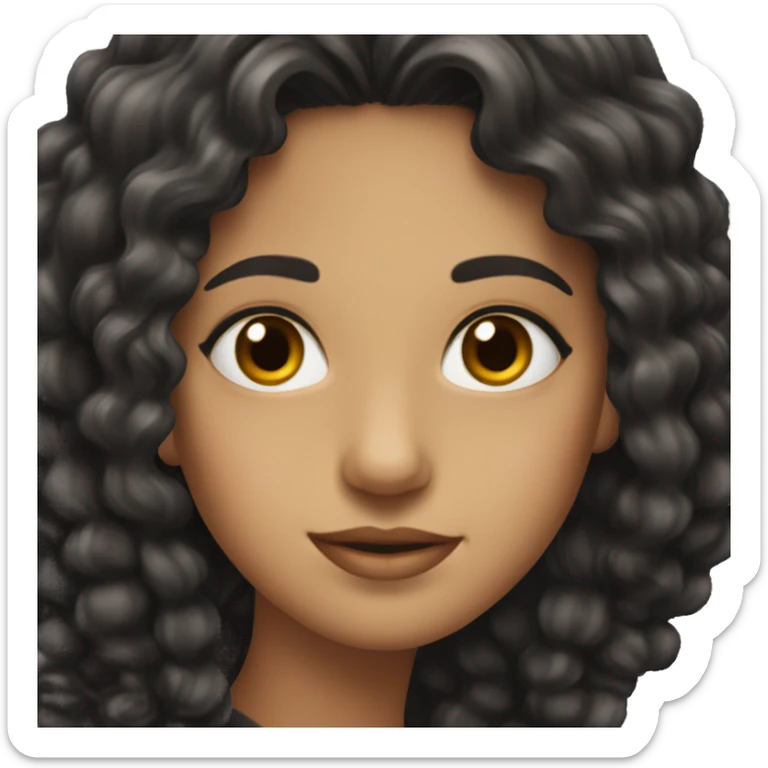 Lady with long curly black hair and brown eyes and pretty sticker