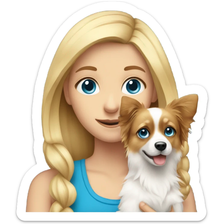 blonde girl with blue eyes holds a papillon dog in her arms sticker
