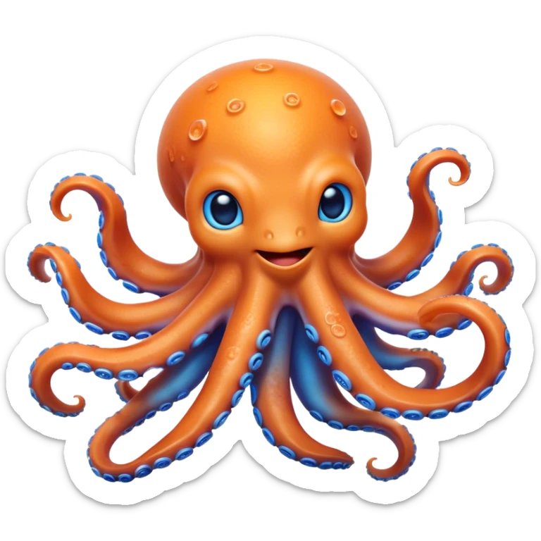 Cinematic Noble smiling Octopus Portrait Emoji, Poised and enchanting, with a light orange body adorned with vibrant blue rings and eight delightfully curling arms with gentle suckers, large sparkling eyes exuding warmth and playfulness, Simplified yet charmingly expressive features, highly detailed, glowing with a soft, magical underwater radiance, high shine, intelligent and irresistibly cute, stylized with an air of whimsical marine enchantment, focused and fluid, soft glowing outline, capturing the essence of a watchful and endearing octopus that appears ready to float out of the screen with delightful charm! sticker