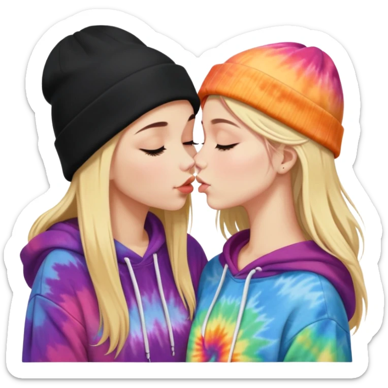 Short brunette haired white girl in a hoodie and a black beanie kissing a tall short long blonde haired girl wearing a black beanie and a tiedye hoodie. make ther brunette shorter than the blonde sticker