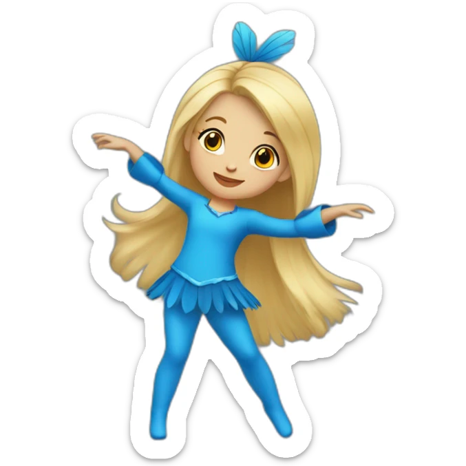 little blonde girl dancing in a blue bird costume sticker