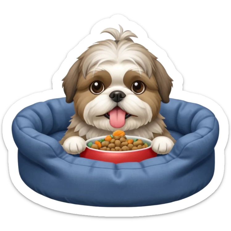 old grey shih tzu in dog bed with bowl of food tongue hanging out sticker
