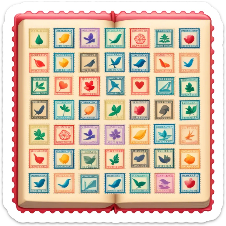 Icon for Stamp Collecting: a large stamp block in the center and a collection of vintage and colorful stamps arranged in an album or on a desk, with showcasing different themes. The icon should reflect the charm and history of philately. Transparent background. sticker