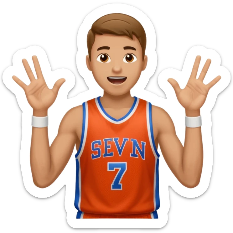 Maverick Trevillian in the crowd at an amateur basketball game. He leans towards the camera and enthusiastically shouts "six seven while performing a distinctive hand gesture: both hands open, palms facing upward, moving up and down as if weighing two options. sticker