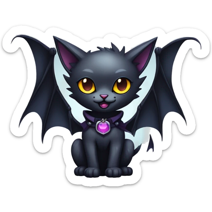  cool edgy kawaii ethereal dark-punk-themed animal vampiric cat-hybrid Fakemon with fangs and bat-wing-ears with a collar full body sticker