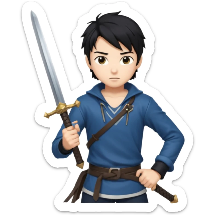 Create me an anime character boy emoji looking very cool with swords on his hand sticker