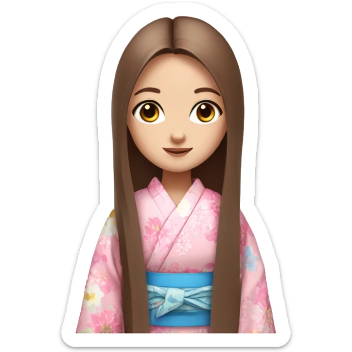cute girl long brown straight hair and blue eyes in pink flower kimono sticker