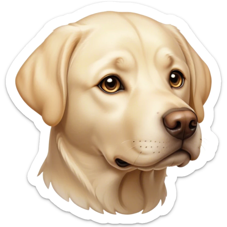 Cinematic Noble Cream Labrador Portrait Emoji, Poised and regal, with a strong, athletic build and a smooth, well-groomed cream Fur, deep-set soulful warm eyes, Simplified yet sharp and sophisticated features, highly detailed, glowing with a soft, dignified glow, high shine, intelligent and gentle, stylized with an air of grace, focused and attentive, soft glowing outline, capturing the essence of a watchful and loving companion, so majestic it feels as though it could bound out of the screen with effortless authority! sticker