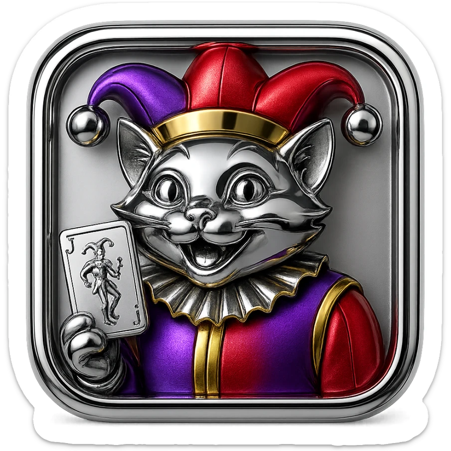 crazy colorful cute little cat jolly joker from poker, medieval, vintage, court jester, mac os icon, purple, gold and red color, half body. Squared shape as 3D mac os icon, symmetrical sticker