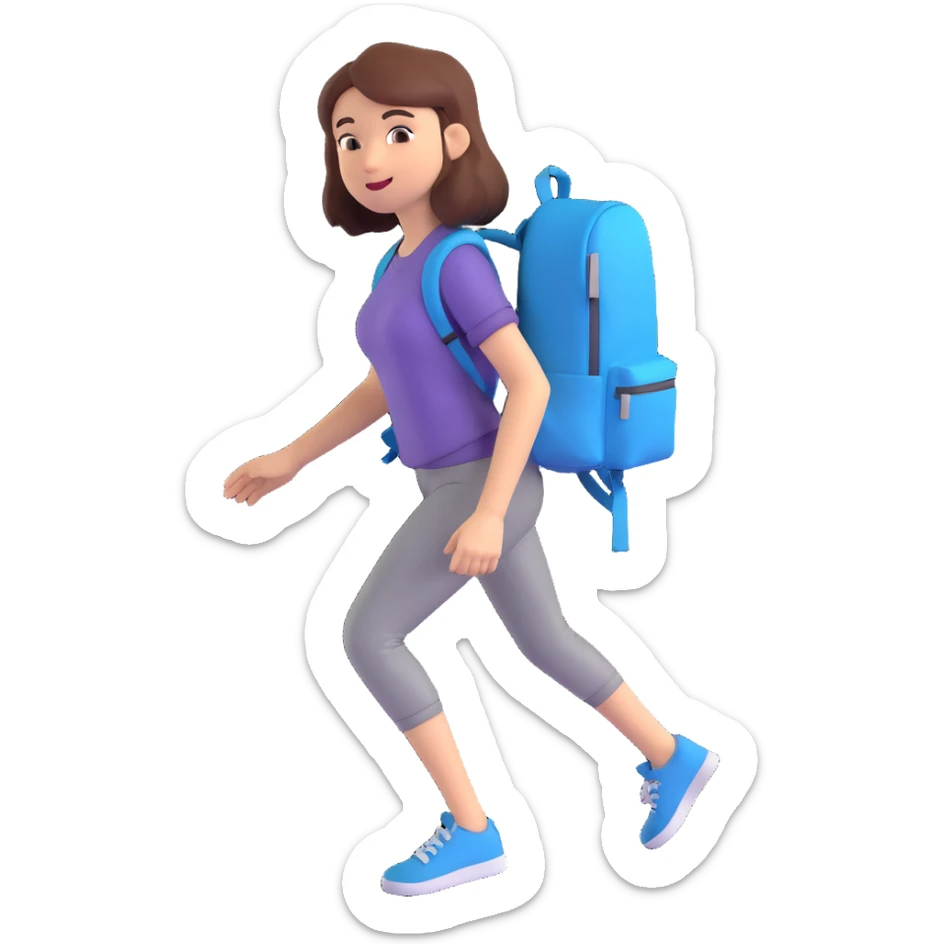 a woman walking with a backpack, realistic proportions, casual clothing, dynamic pose sticker