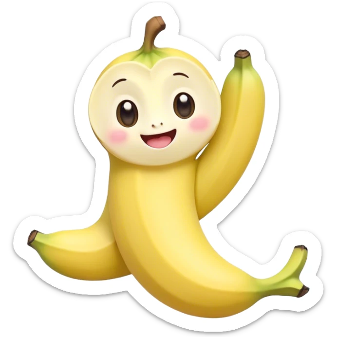 Cute Kawaii Banana, slightly curved, soft pastel yellow, cute giggling face with big round eyes, tiny arms waving happily, a peeled section revealing a smiling expression! sticker