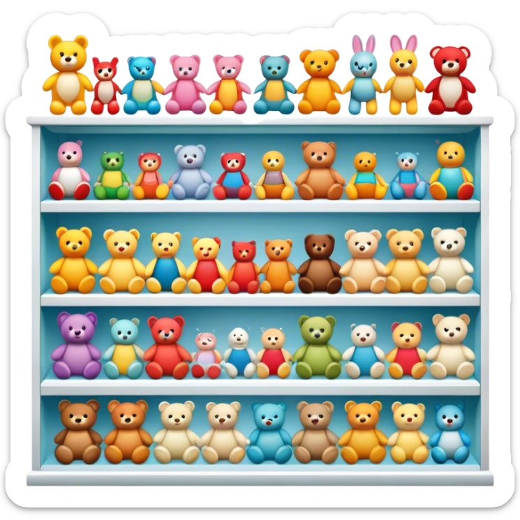 Icon for Toy Collecting: a collection of various vintage toys such as dolls, action figures, and plush animals, displayed neatly on shelves or in display cases. The icon should evoke the joy and nostalgia of collecting toys. Transparent background. sticker