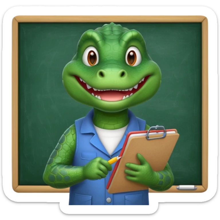 A 1960s style image of a gator with a clipboard and a pencil in front of a chalkboard sticker