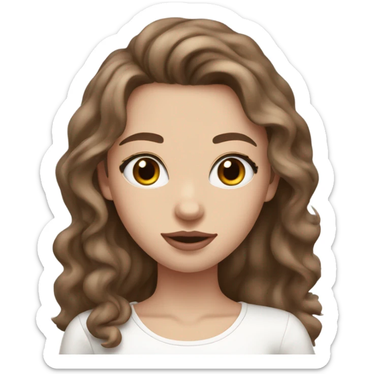 White skinny and beautiful girl with brown long wavy hair and dark brown eyes, soft pink lips and a white shirt.  sticker