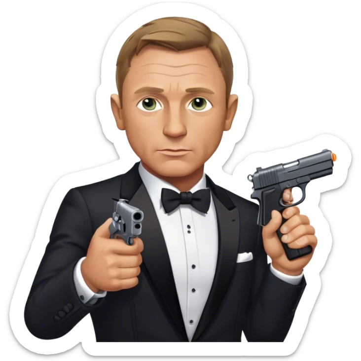 Cinematic Realistic James Bond Daniel Craig Portrait Emoji, depicted as the ultimate suave and enigmatic secret agent, donning a sharply tailored tuxedo, gripping a sleek handgun, with a piercing gaze that exudes confidence and danger. The scene is infused with moody, high-contrast cinematic lighting, evoking the thrilling world of espionage and intrigue. sticker