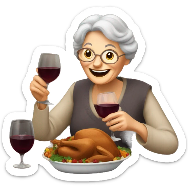 Happy old lady eating thanksgiving dinner holding a glass of red wine sticker