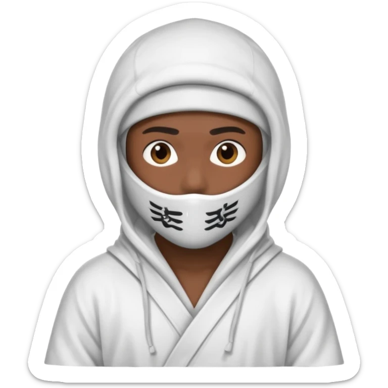 All white ninja robe with white ski mask to cover face and neck with a hoodie on and dark brown skin color sticker