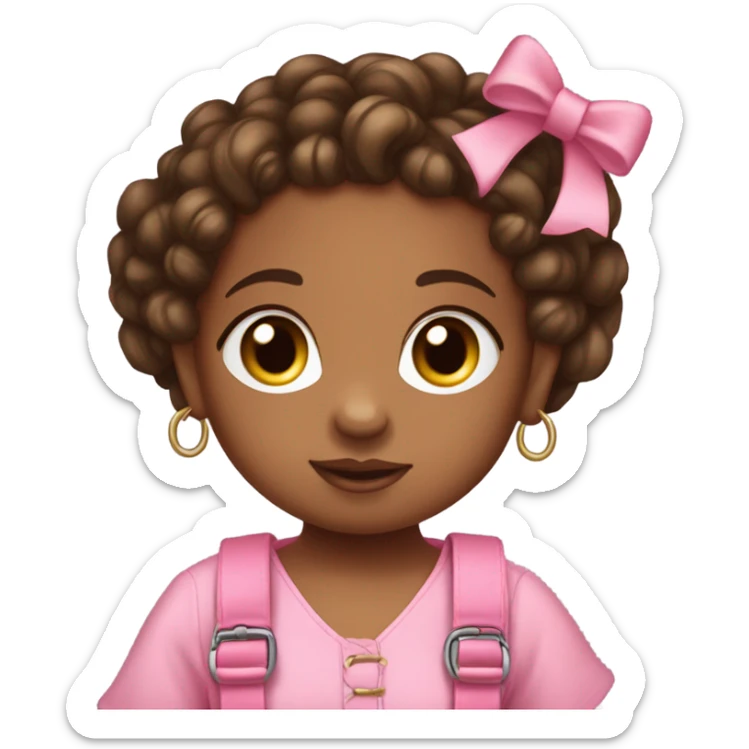 Brownskin baby with two curly pigtails and a pink jumpsuit with a Kurt Geiger purse sticker