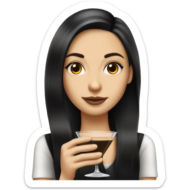 Caucasian girl with long black hair holding an espresso martini sticker