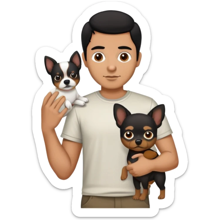 Mexican man with black hair and brown eyes wearing a shirt and black pants, holding a small white dog with one brown ear sticker