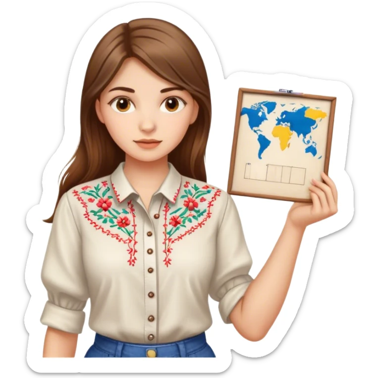 A Ukrainian girl with brown hair in an embroidered shirt holds a diagram sticker