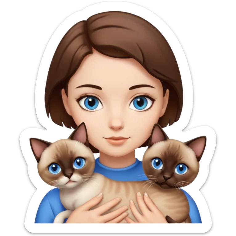 a white girl with brown short hair and brown eyes holding a siamese cat with blue eyes sticker