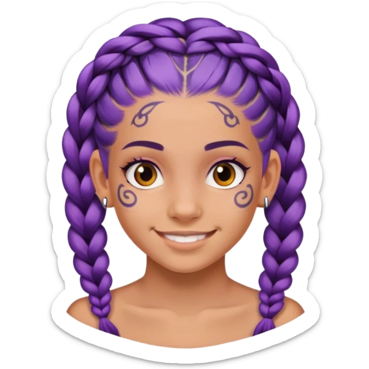 Con gái, 15 tuổi, cười mỉm, da nâu, tóc tím tết tóc cuốn lọn trên đầu, xăm trên mặt sticker