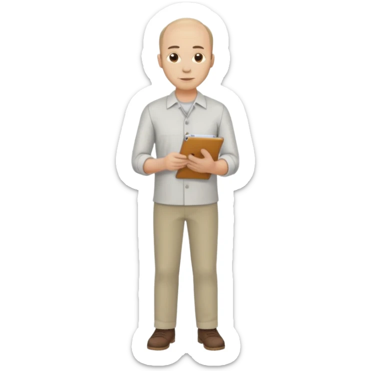 man, mid 30's shirt and trousers balding hairline, full body, standing, holding a clipboard sticker