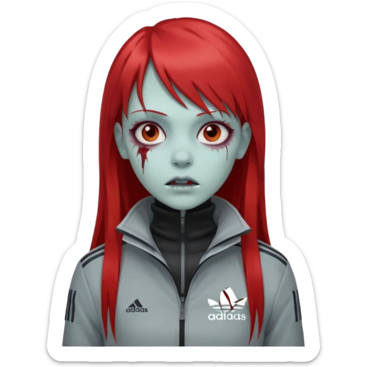 Crie um emoji de uma menina zumbi  com o cabelo vermelho longo com uma franja reta casaco de gola alta da adidas sticker