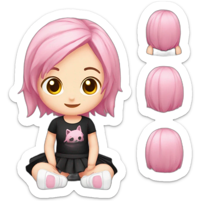 Full body Front view curvy emo girl pink hair sits on the floor straight view hands up black skirt белые трусики полосатые рваные чулки sticker