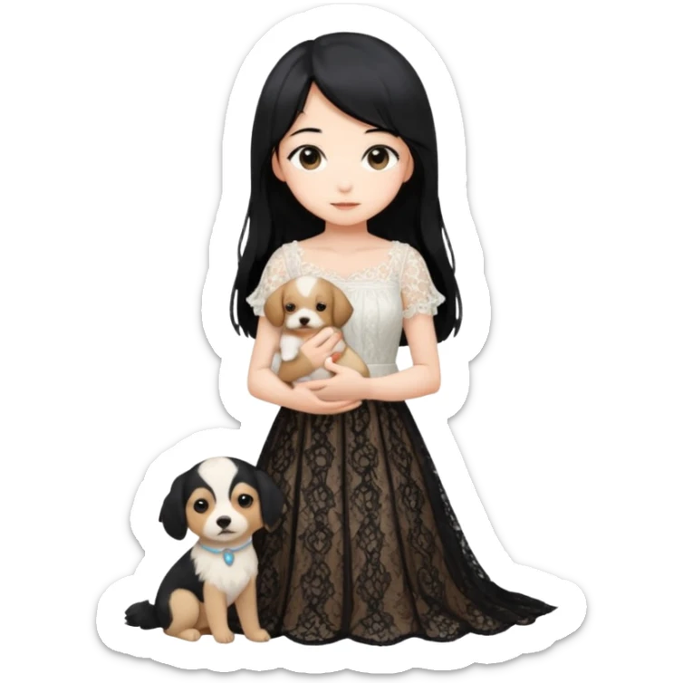 Pastel anime lady long hair with long lace dress full body holding puppy sticker