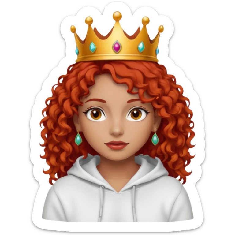 
Slim girl with a fine face, dark and tanned skin, medium-length curly tomato-red hair, dark eyes, medium-thick eyelashes, and a crown and earrings, wearing a white hooded sweatshirt. sticker