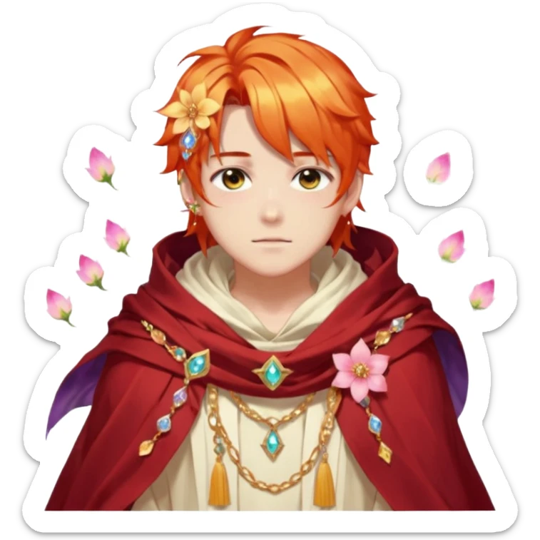 Beautiful gorgeous anime boy with beautiful fiery-special-medium-long-hair, fashion aesthetic, ethereal, fairycore, pastelcore, flower petals, crystals, layered robes, toga, cloak scarf, accessories, jewelries, gold, colorful, shiny, trending style, outside sticker