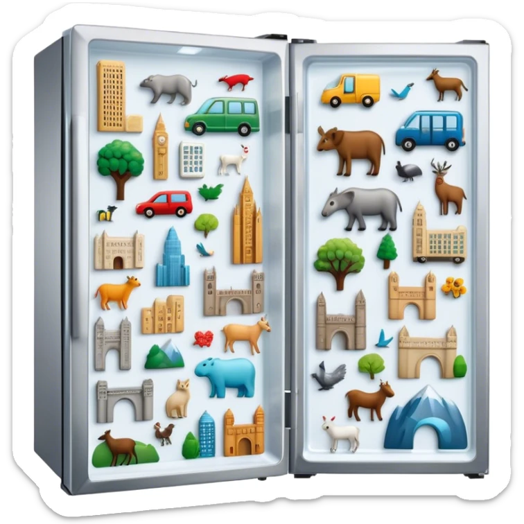 Icon for Magnet Collecting: a close-up of a fridge door covered with a variety of magnets, featuring cities, animals, symbols. The icon should highlight the diversity and charm of magnet collections. Transparent background. sticker