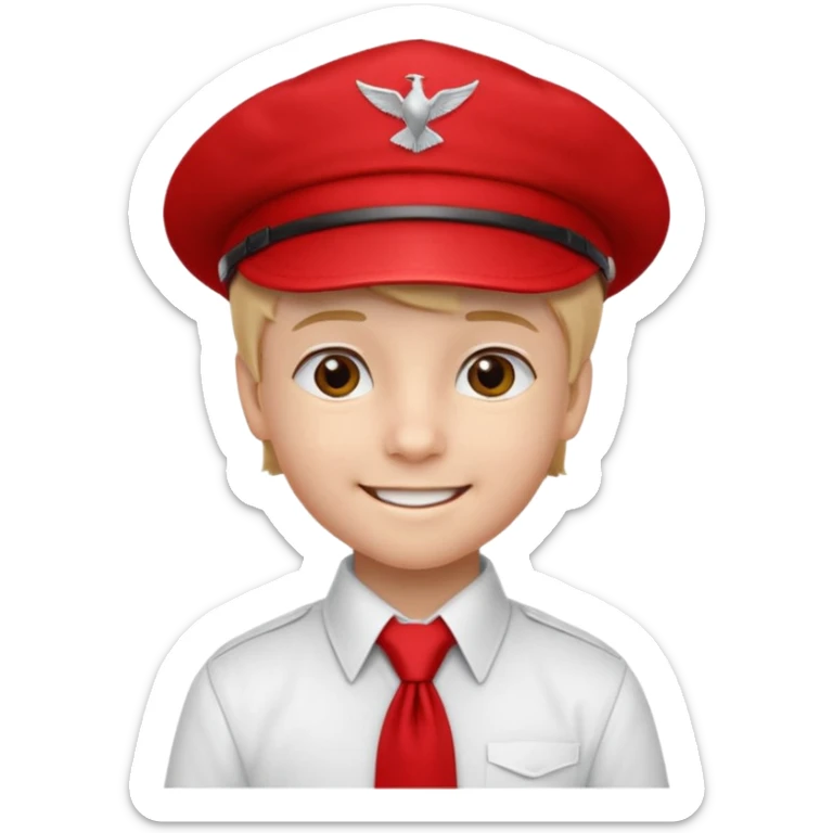 A Soviet pioneer emoji — smiling young boy wearing a white shirt with a bright red pioneer necktie and a classic red pilotka cap. The pilotka cap should fit closely to the head, without brims or side flaps, slightly folded at the top. not a cowboy hat. Flat, smooth 3D shading sticker