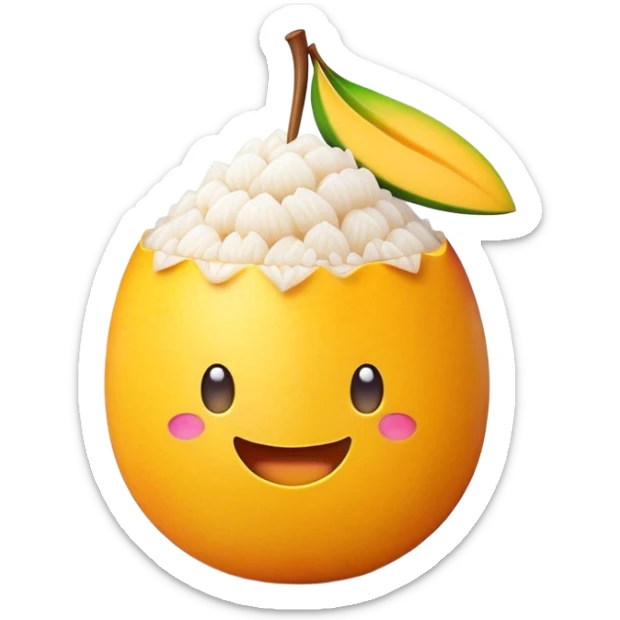 Cinematic Realistic Mango Sticky Rice Dessert Emoji, showcasing sweet sticky rice paired with ripe mango slices and coconut milk rendered with lifelike detail and warm, inviting lighting. sticker