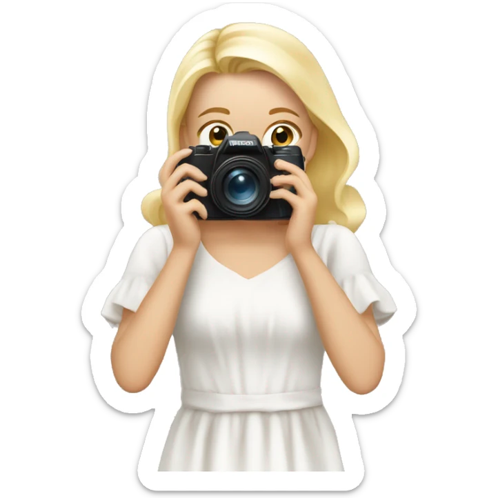 blonde photographer in a white flowy dress and camera to her face doing family photography sticker