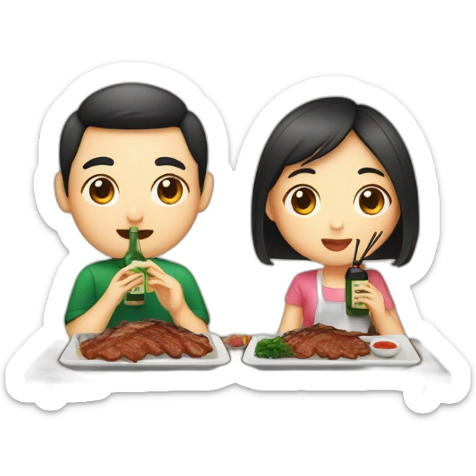 An Asian couple girl eating Korean bbq and drinking soju sticker