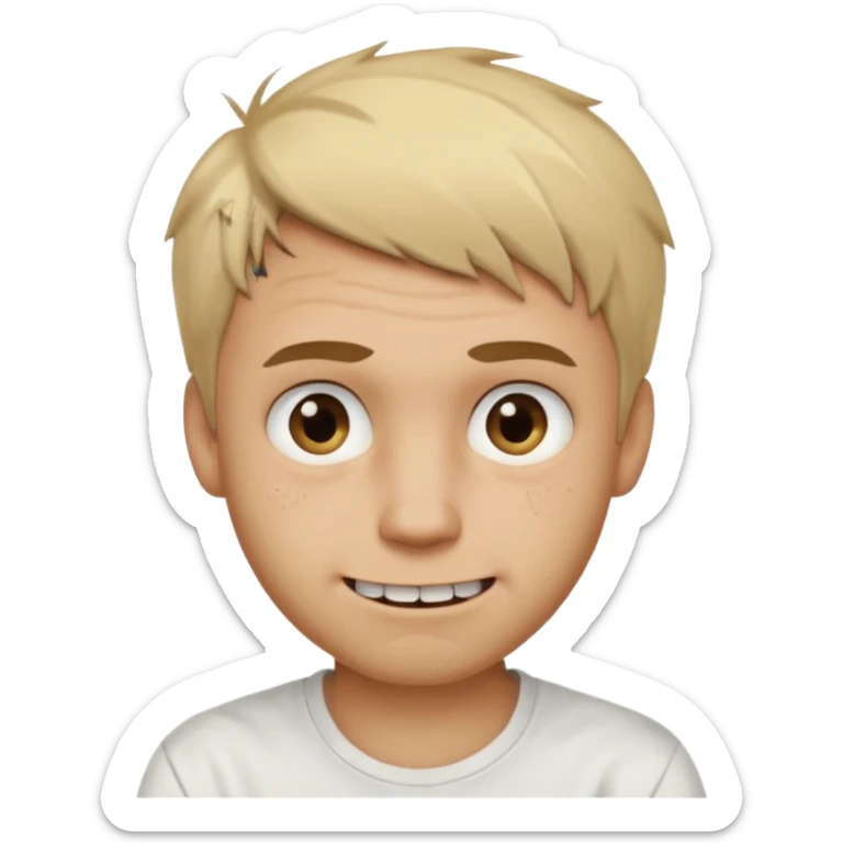 Male with short, messy blonde hair, large expressive golden-brown eyes, light brown skin, subtle facial bruises and scratches, crooked smile showing slightly damaged teeth, wearing a plain white t-shirt, friendly but creepy expression.
 sticker