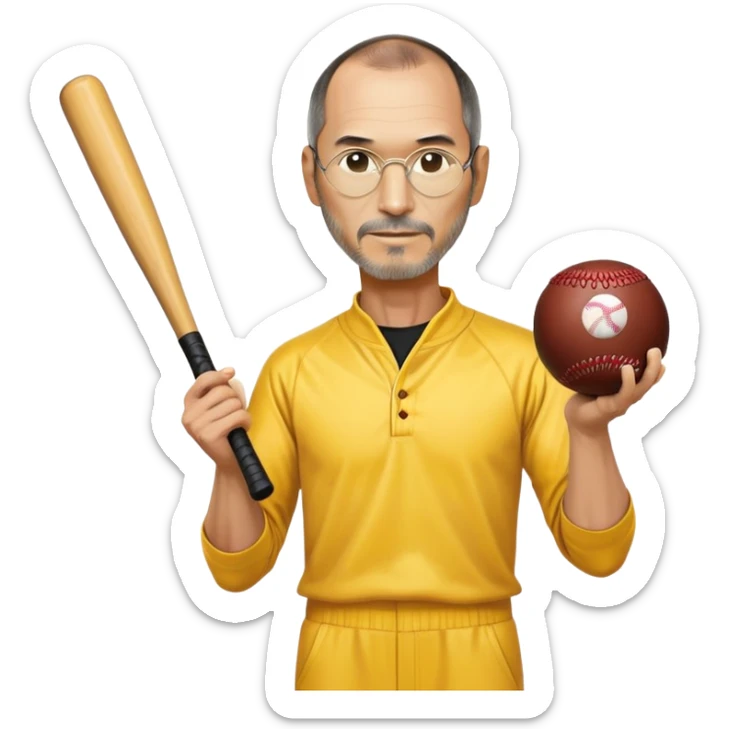 Steve Jobs wearing Bruce Lee's yellow jumpsuit, holding a baseball bat and ball sticker