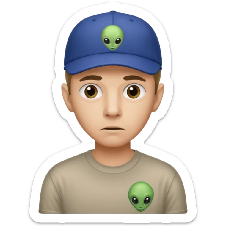 trust no one Mulder from the x-files looking very very worried wearing a t-shirt and a baseball cap with a picture of an alien sticker