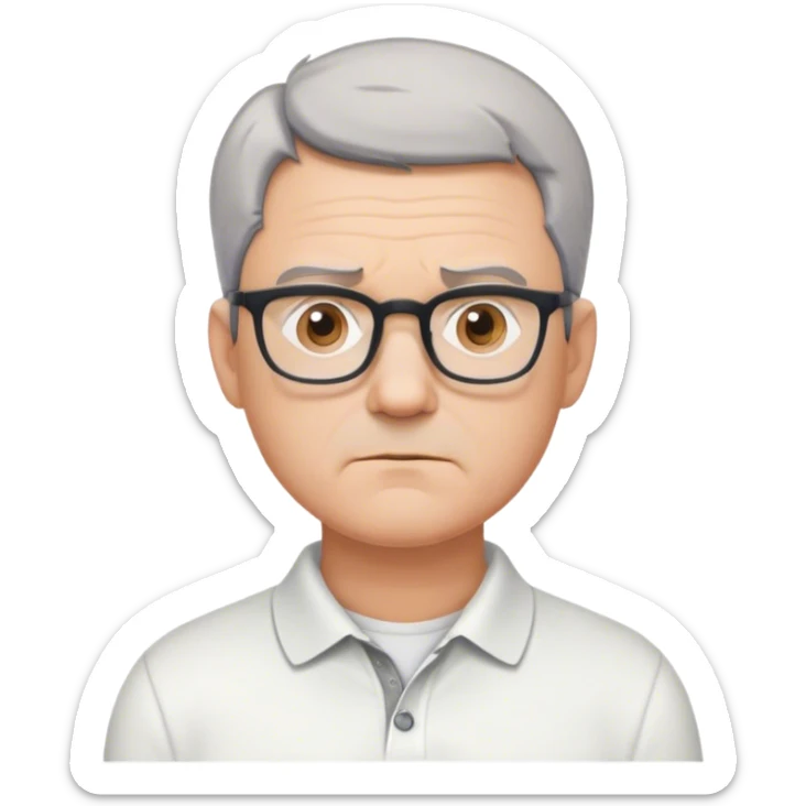 "Create an emoji of a middle-aged man with short gray hair, glasses, and a neutral expression. He is wearing a white polo shirt and has a slightly serious look. The background is minimal or plain." sticker