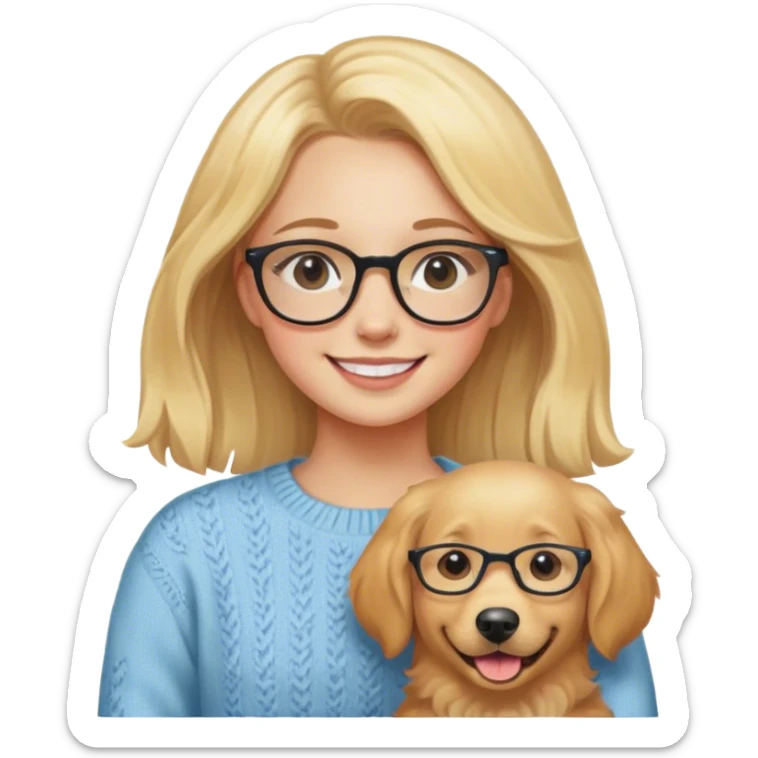 Smiling Caucasian blonde girl in sweater with glasses with smiling golden retriever sticker