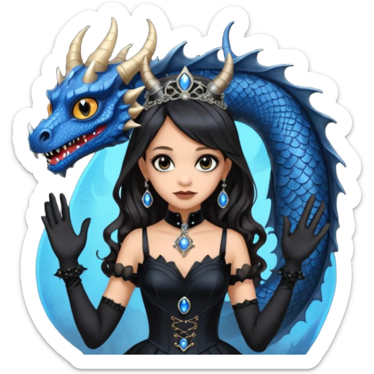 Slim fitting seductive dress Holed and worn Lavish black evening gown with see-through black gloves , Jenna Ortega as Addams woman wearing a steampunk mini tiara, very large blue evil-looking horned old dragon evil eyes  sticker