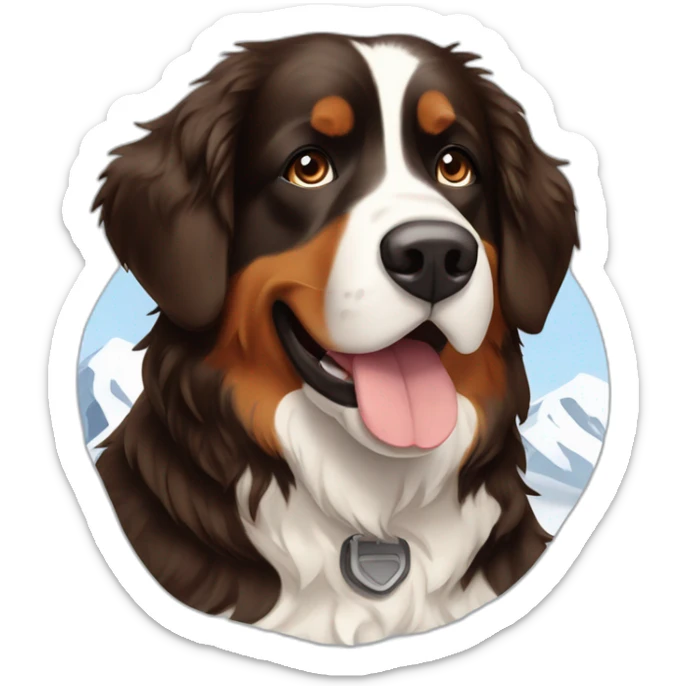 bernese mountain dog hiking with a woman with brown hairr a mountain in snow in Norway sticker