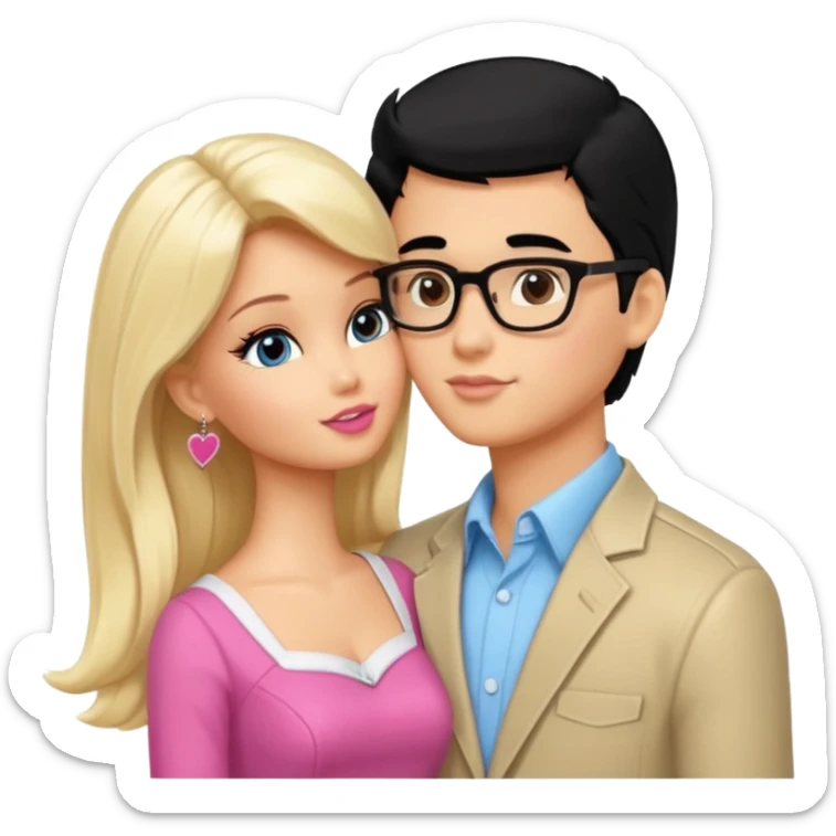 pretty light blonde girl barbie kissing boy nerd with black hair and tan skin on the cheek sticker