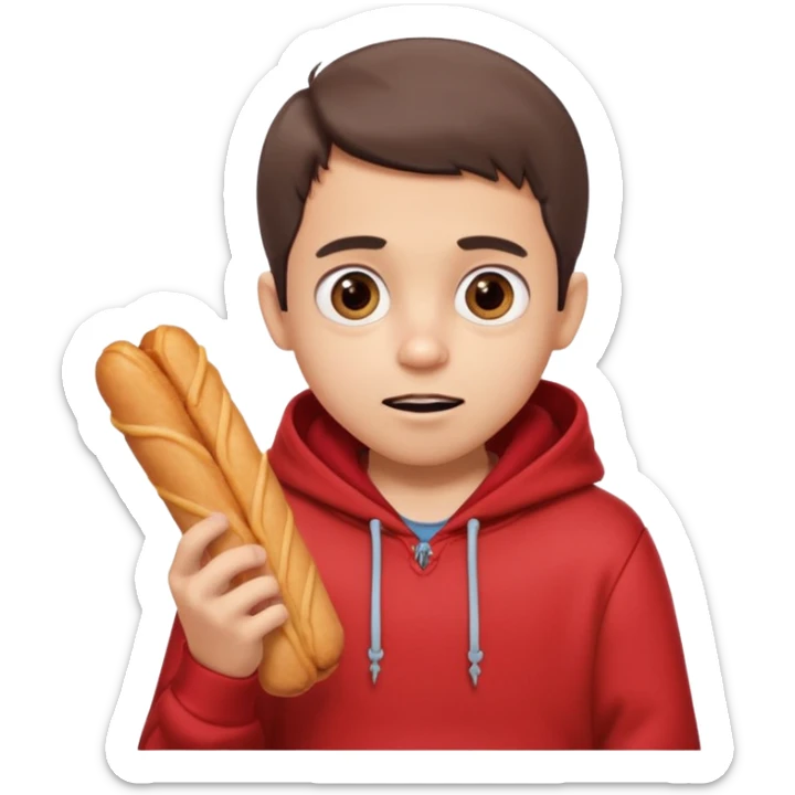 ute funny Spanish cartoon boy named Peque Tito, red hoodie, denim shorts, big expressive eyes, holding a churro, Pixar-style, viral character.” sticker