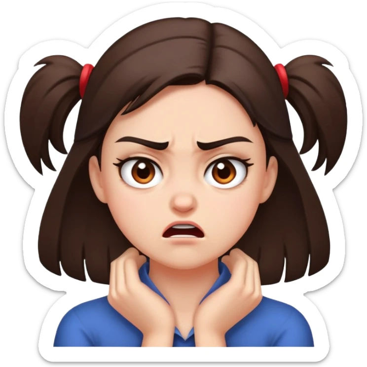 a brunette girl that has both of her hands on the front of her neck angry sticker